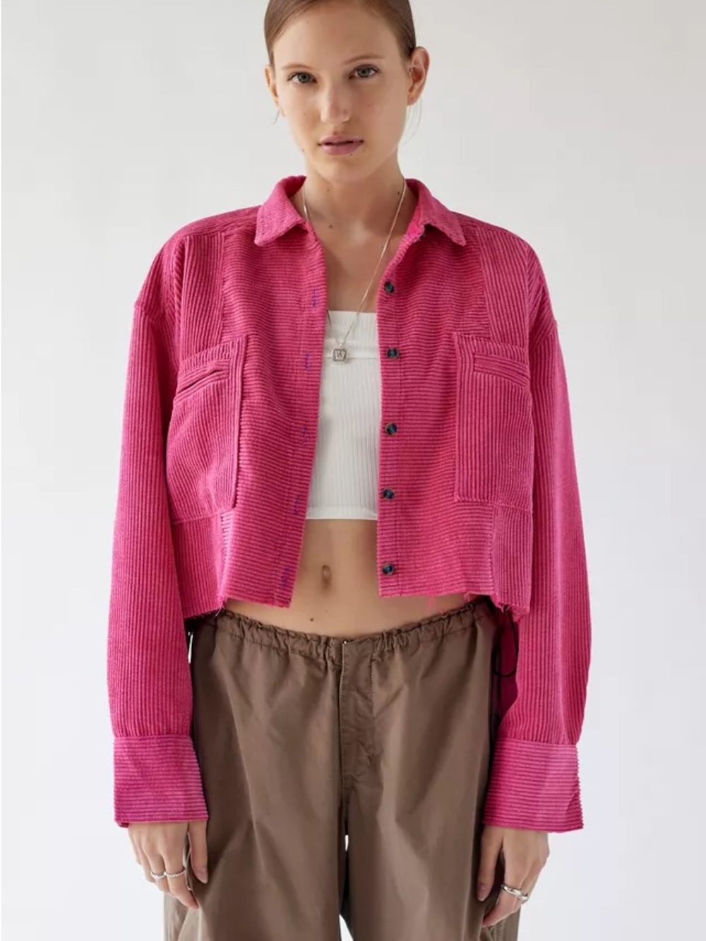 BDG Rodney Corduroy Cropped Button Down Shirt | Hot Pink | Medium